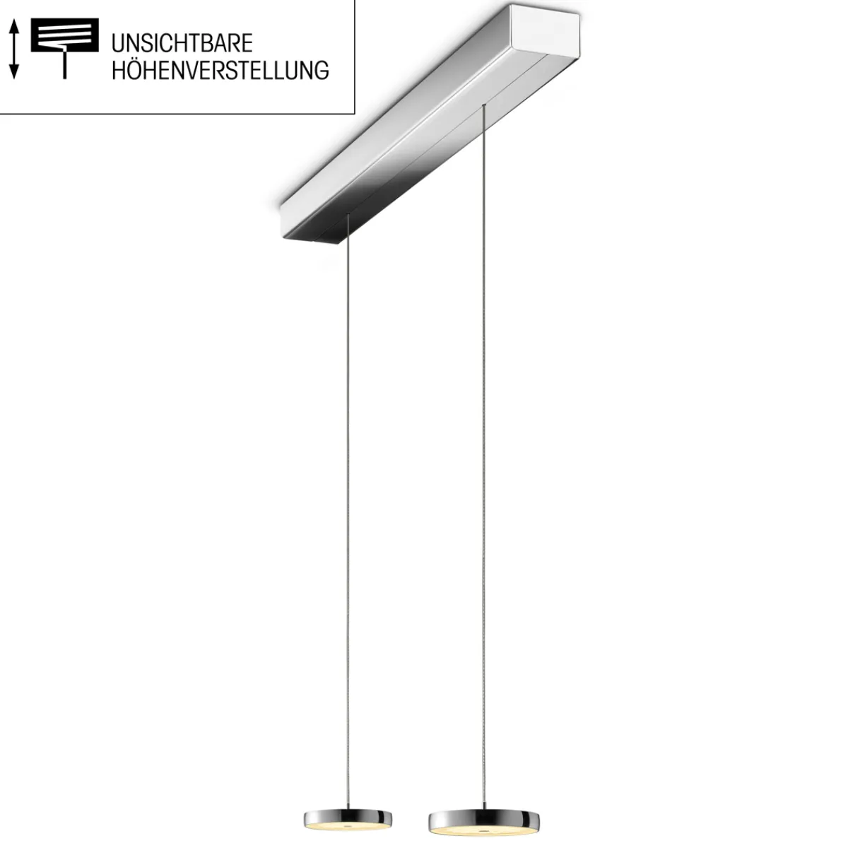 Decent LED Pendelleuchte, 2-flg., TW, unsichtbare Höhenverstellung, Baldachin: Chrom Pendelleuchten|Essbereiche